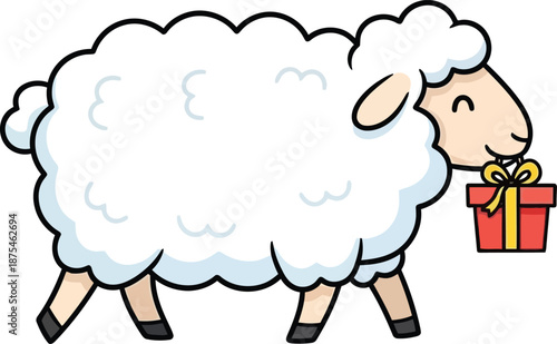 Adorable cartoon sheep carrying a gift symbolizing festive joy and celebration