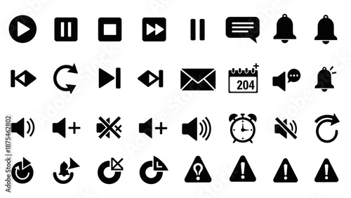 Media Player Control Icons Set, Including Play, Pause, Stop, Volume, and Message, isolated white background
