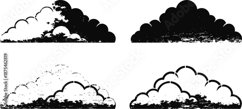 Black and white grunge cloud illustrations set with distressed texture and vintage design
