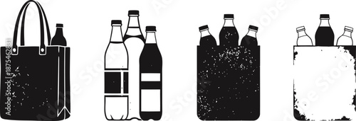 Black and white silhouette of bags and bottles in four different styles and textures