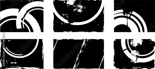 Abstract black and white distressed circular designs with grunge texture and retro