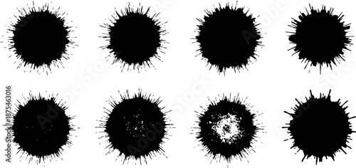 Set of black paint splatter elements isolated on white background, ink blot abstract design collection