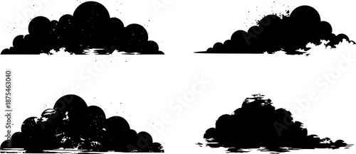 grunge cloud silhouettes set with textured distressed edges and ink splatter effects isolated on white