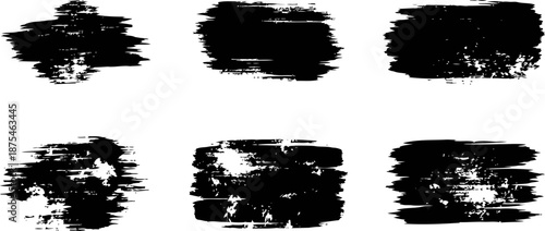 Black grunge paint brush strokes set on white background, distressed textured design elements
