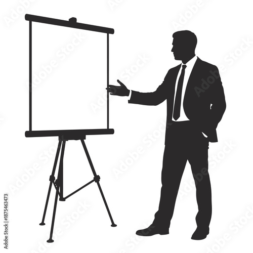 Confident businessman presenting on blank whiteboard in meeting