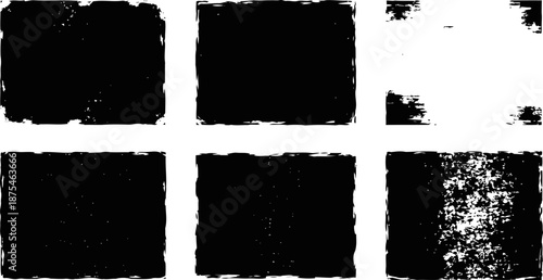 Collection of black grunge rectangular frames with rough edges and distressed textures