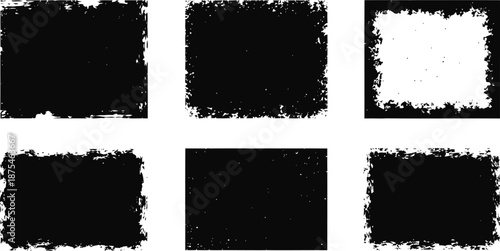Set of six black and white distressed grunge textured frames with rough edges and speckled patterns