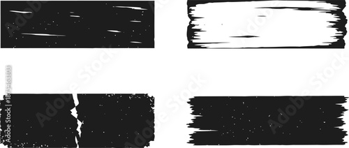 set of black and white grunge brush strokes with rough textured edges on transparent background