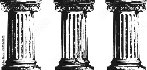 Ancient greek corinthian columns black and white illustration set with ornate capitals