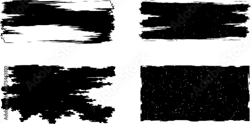 set of four black grunge brush stroke backgrounds with textured distressed edges and splatter effects