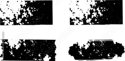 Black grunge splatter textures set distressed rough splash and paint blotch overlays, urban abstract design elements