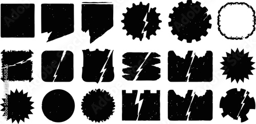Vector set of black distressed grunge speech bubbles and jagged explosion shapes collection