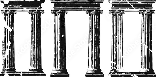 Three vintage ancient greek or roman columns with distressed texture and classical capitals