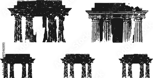 Ancient greek temple columns silhouettes with distressed texture in black and white