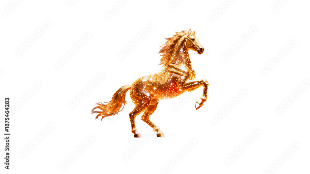 Obraz premium A dynamic and artistic depiction of a rearing horse rendered in vibrant golden hues with intricate patterns that evoke a sense of movement and energy against a stark white background.