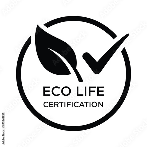 Certification seal with leaf and check mark for eco friendly products