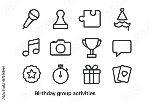 Birthday Icon Set. Birthday group activities. Line outline icon set of birthday group activities: karaoke mic,