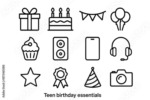 Teen Birthday Icons. Teen birthday essentials. Line outline icon set of teen birthday essentials: gift box,