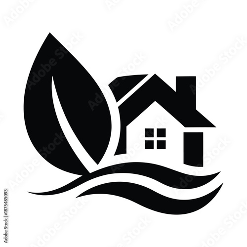 House icon with large leaf and wave design