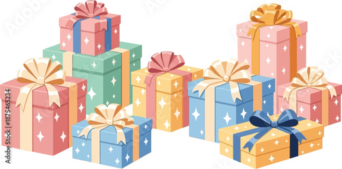 Colorful Gift Boxes with Ribbons Arranged in a Festive Display for Celebrations and Special