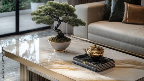 Modern light colored marble coffee table with bonsai