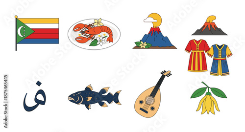 Comoros cultural icons including flag, food, landmarks, clothing, and flora