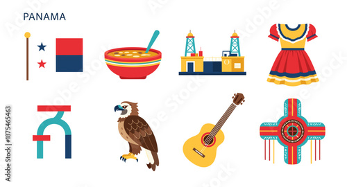 Panama culture and symbols collection with flag, food, architecture, and national bird