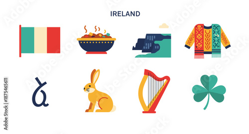 Collection of Irish cultural symbols and landmarks in a flat design style