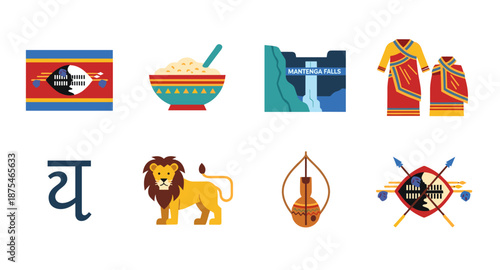 Eswatini cultural symbols including flag, food, landmark, clothing, and wildlife