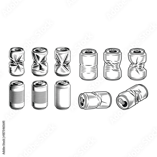 Crushed aluminum can clipart drawings sketch style.
