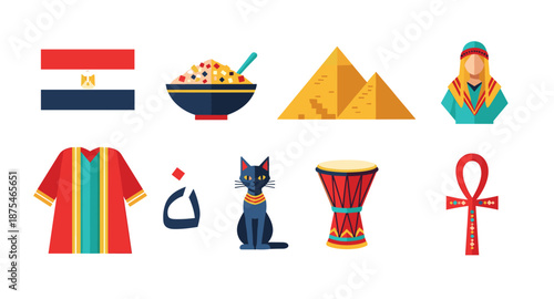 Collection of Egyptian cultural symbols and landmarks in a flat design style
