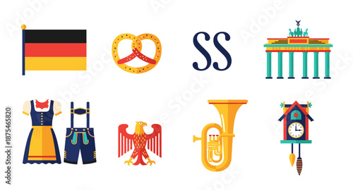 Collection of German cultural icons and symbols in a flat design style
