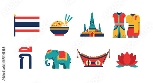 Collection of Thai cultural icons including flag, food, temple, and elephant