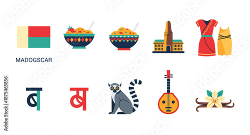 Madagascar icons: flag, food, architecture, clothing, lemur, music, and vanilla