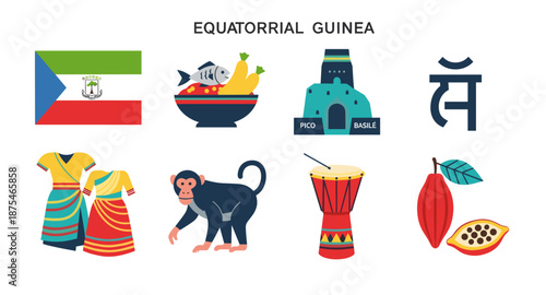 Equatorial Guinea cultural symbols and landmarks in a flat design collection