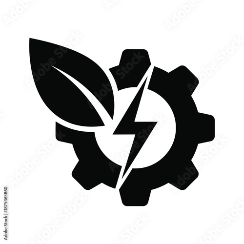 Gear with lightning bolt and leaf representing green industry and bioenergy