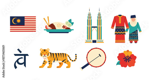 Collection of Malaysian cultural icons and symbols, including flag, food, and landmarks