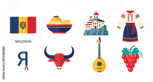 Moldova national symbols and cultural icons in a flat design collage