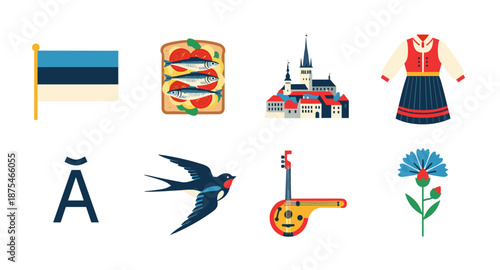 Estonian cultural symbols and landmarks in a flat design collection