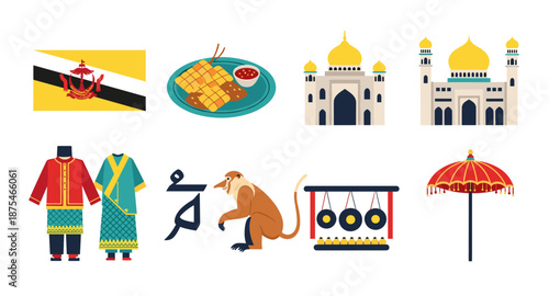 Brunei cultural symbols and landmarks collection with flag, food, clothing, and architecture