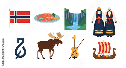 Collection of Norwegian cultural symbols and natural elements