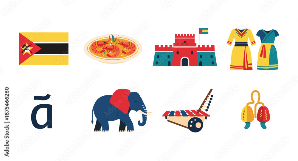 Naklejka premium Mozambique cultural symbols and national emblems in a flat design collage