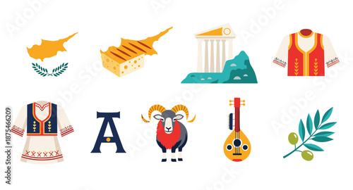 Cyprus cultural symbols and landmarks collection, a vibrant illustration of national heritage