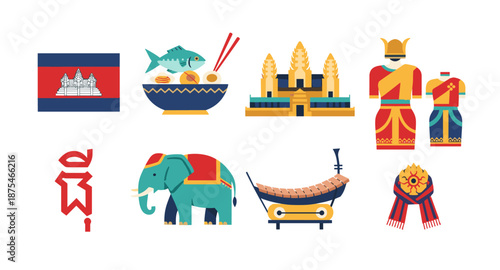 Cambodia travel icons: Angkor Wat, flag, food, elephant, traditional dress, and music