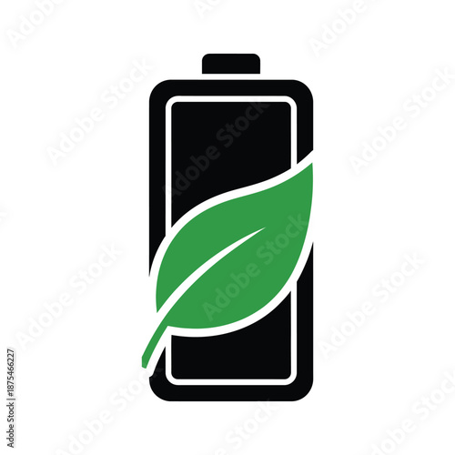 Battery icon with green leaf showing eco-friendly charging and sustainable energy
