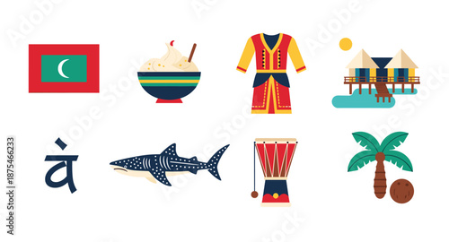 Maldives icons: flag, food, clothing, resort, script, shark, drum, and palm tree