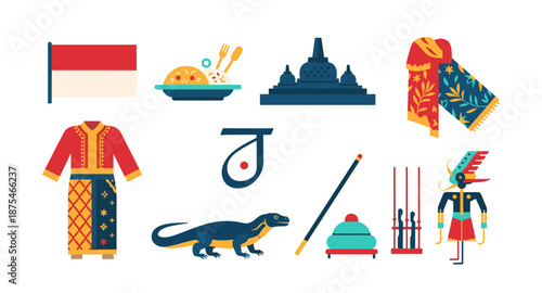 Collection of Indonesian cultural symbols and landmarks in a flat design style
