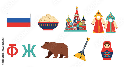 Collection of Russian cultural symbols and landmarks on a white background