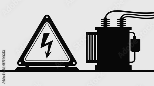 Electricity warning sign with transformer and high voltage symbol