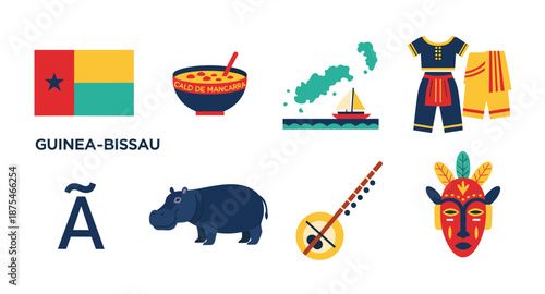 Guinea-Bissau cultural symbols including flag, food, landscape, clothing, and mask